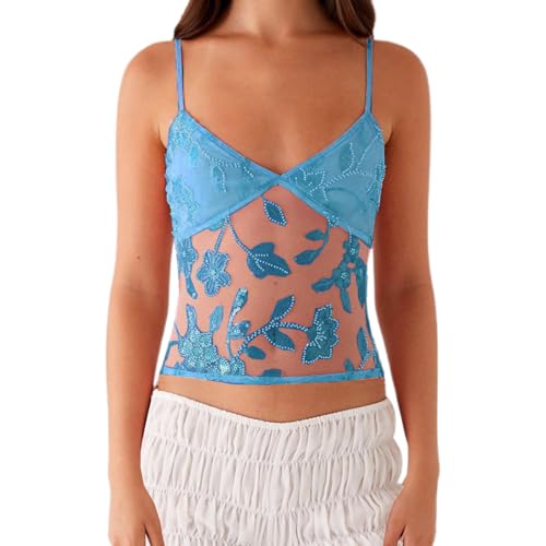Women Y2K Sequin Mesh Tank Top Glitter Floral Embroidered Cami